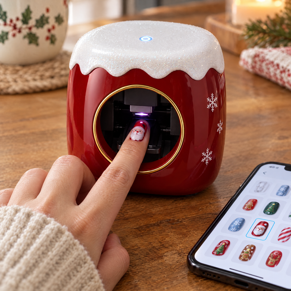 Printing a Santa design onto a nail with the CozyCrafts printer
