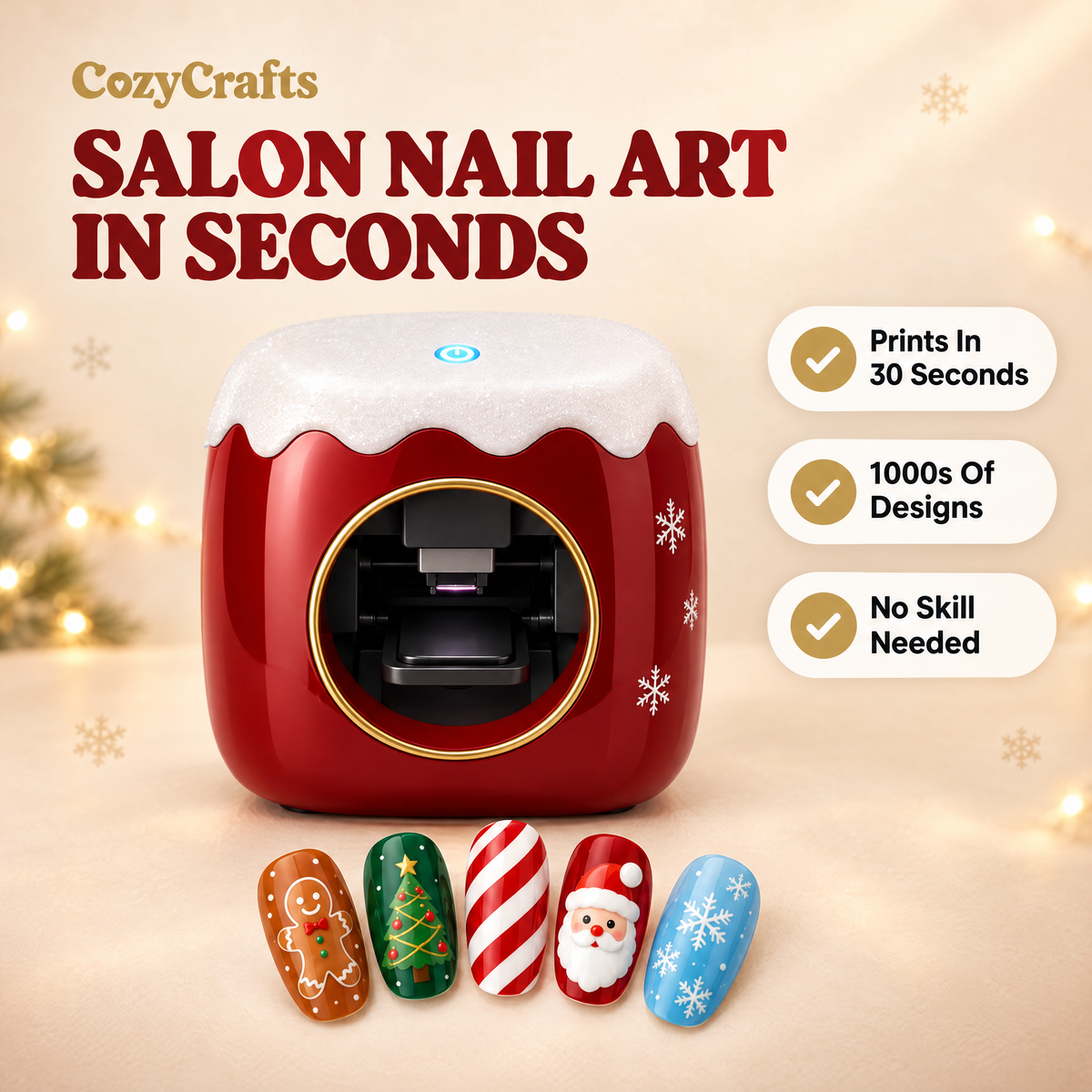 CozyCrafts Holiday Nail Art Printer with Christmas nail designs